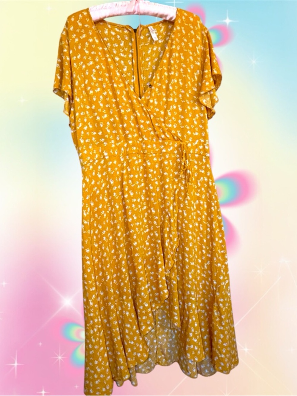 Xhilaration Mustard Floral Wrap Midi Dress Size Xl